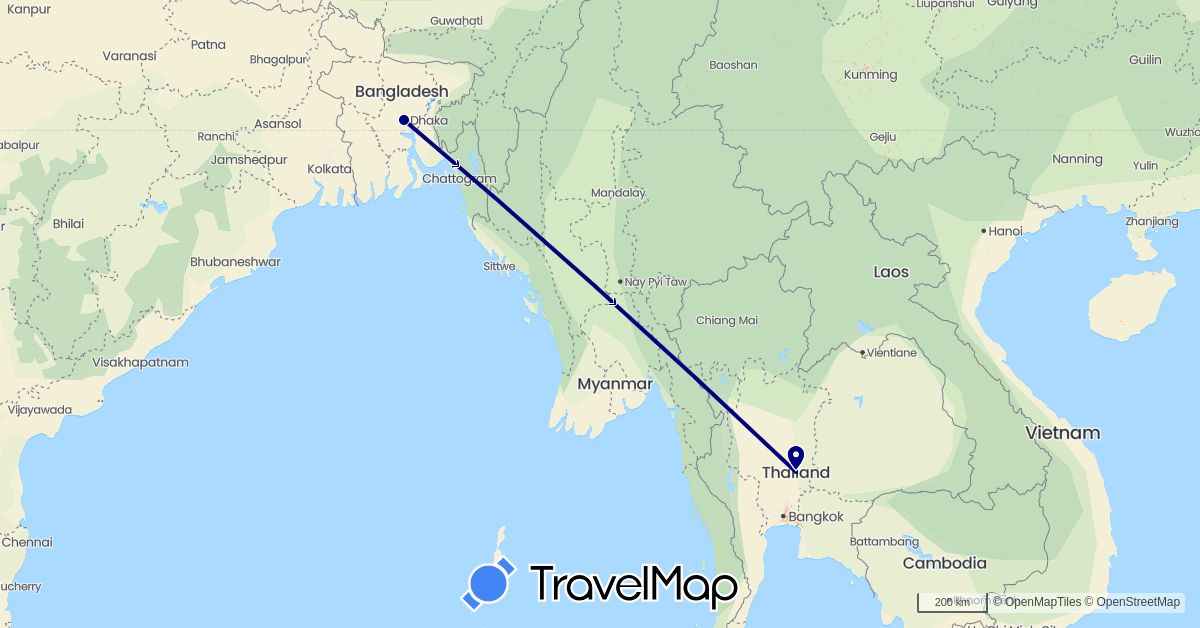 TravelMap itinerary: driving in Bangladesh, Thailand (Asia)